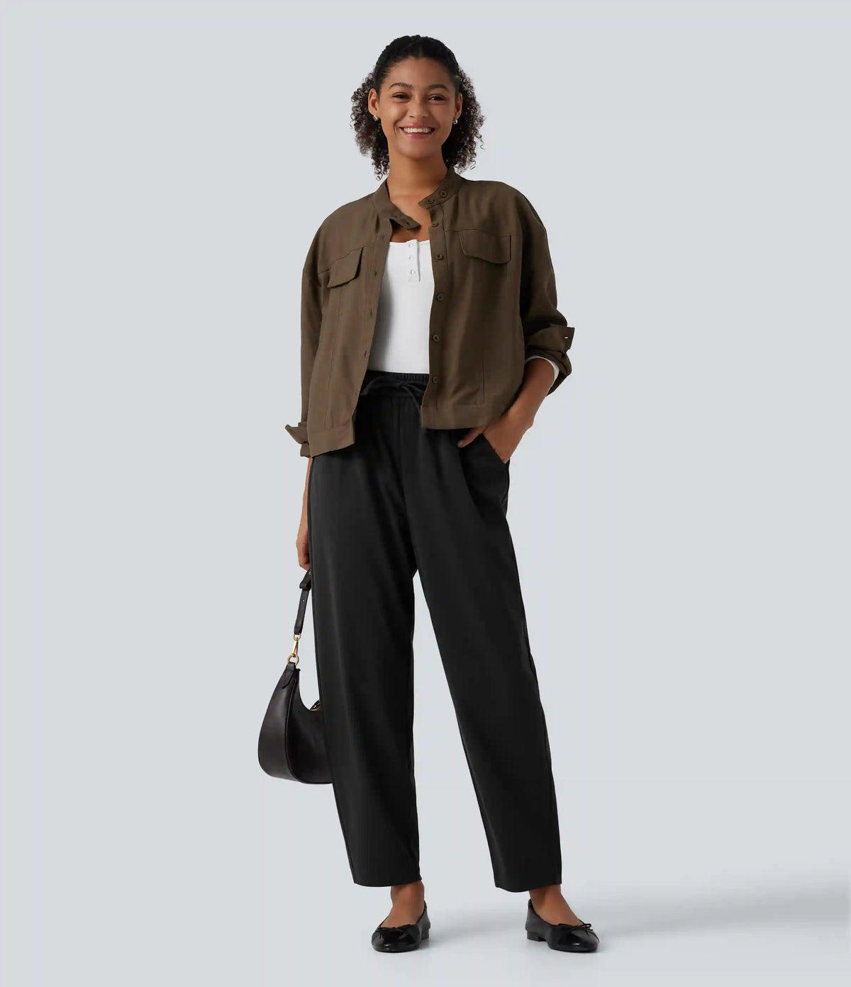 High Waisted Drawstring Tapered Work Pants with Pockets