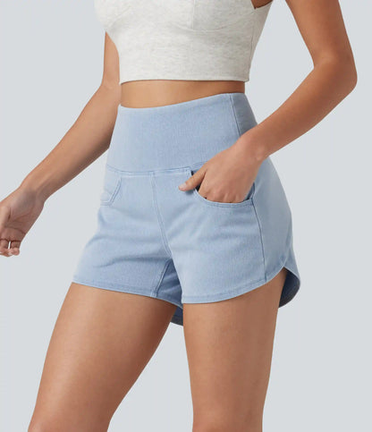 Halara Flex™ High Waisted Tummy Control Curved Hem Skinny Denim Casual Shorts with Pockets