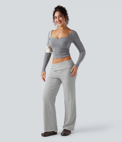 Foldover Low Rise Striped Casual Flare Trousers