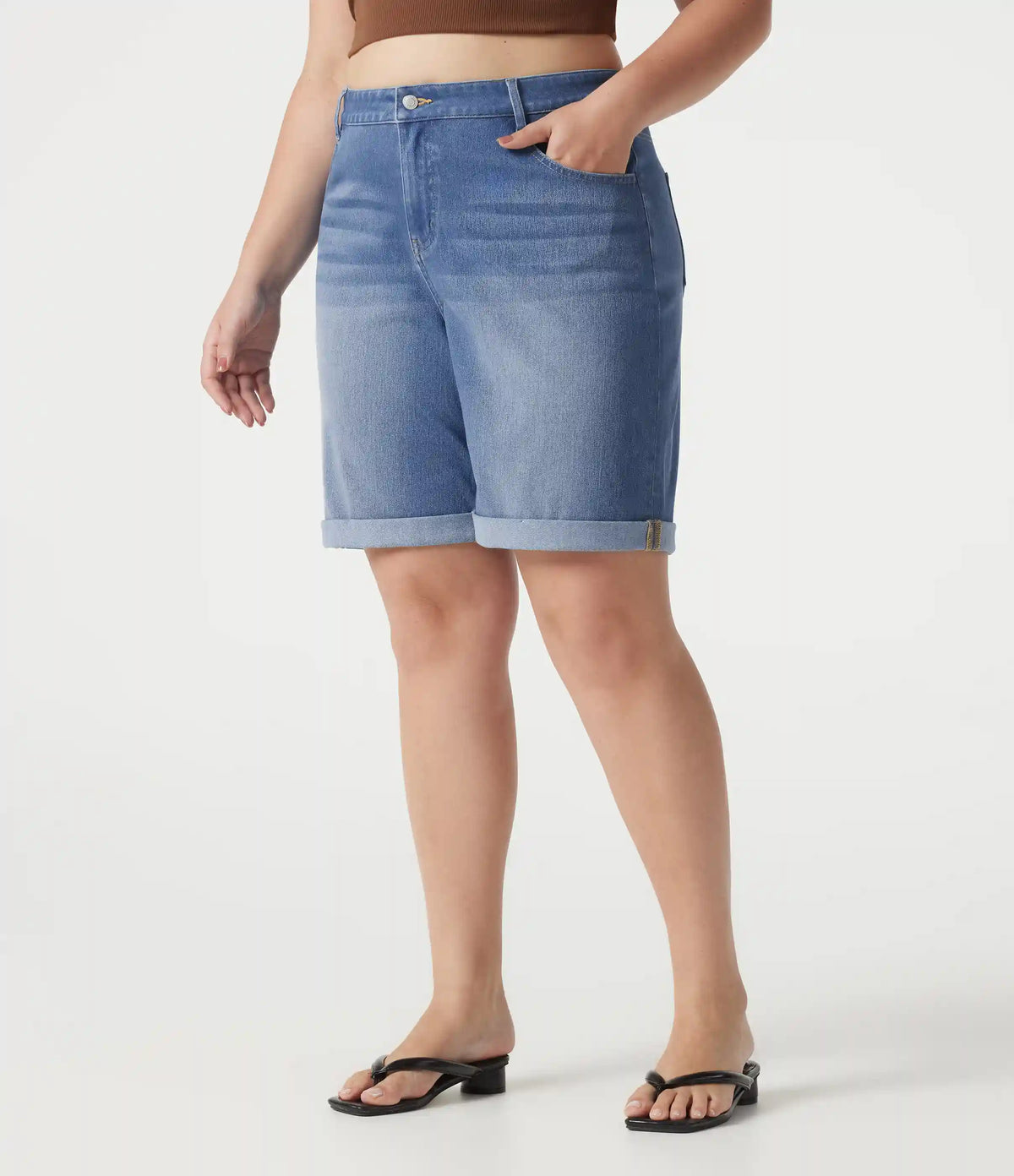 Halara Flex™ High Waisted Multiple Pockets Rolled Hem Washed Stretchy Knit Denim Casual Plus Size Bermuda Shorts