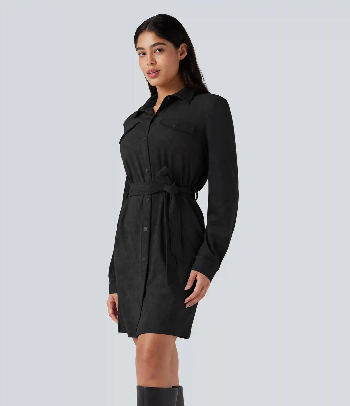 Long Sleeve Belted Suede Mini Casual Shirt Dress