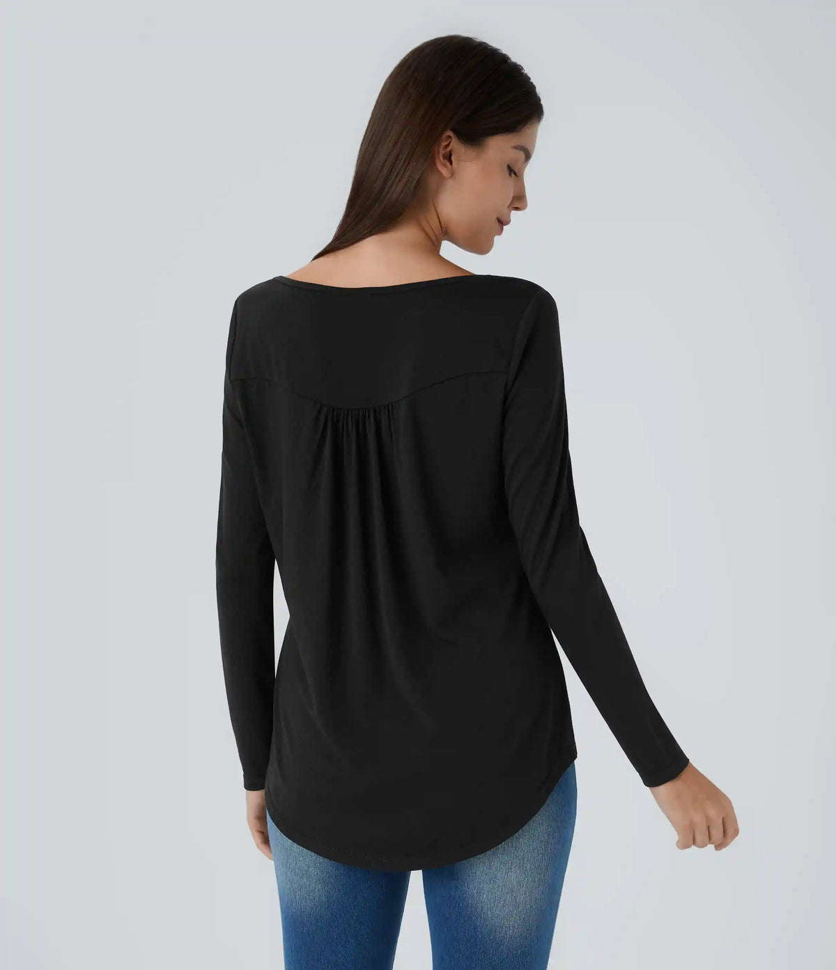 Round Neck Long Sleeve Curved Hem Casual Top