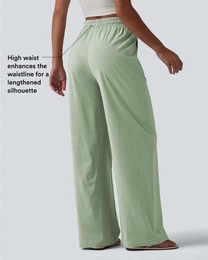 High Waisted Drawstring Wide Leg Baggy Casual Stretch Linen Pants with Pockets