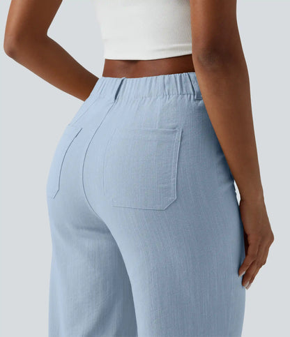High Waisted Straight Leg Casual Linen-Feel Pants with Pockets