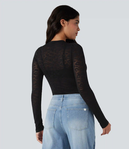 OneForm Seamless Flow Sheer Leopard Round Neck Long Sleeve Casual Sports Top