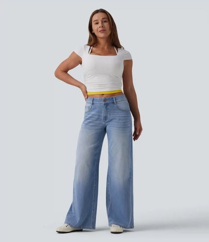 Halara Flex™ Low Rise Zipper Pockets Washed Baggy Wide Leg Casual Jeans