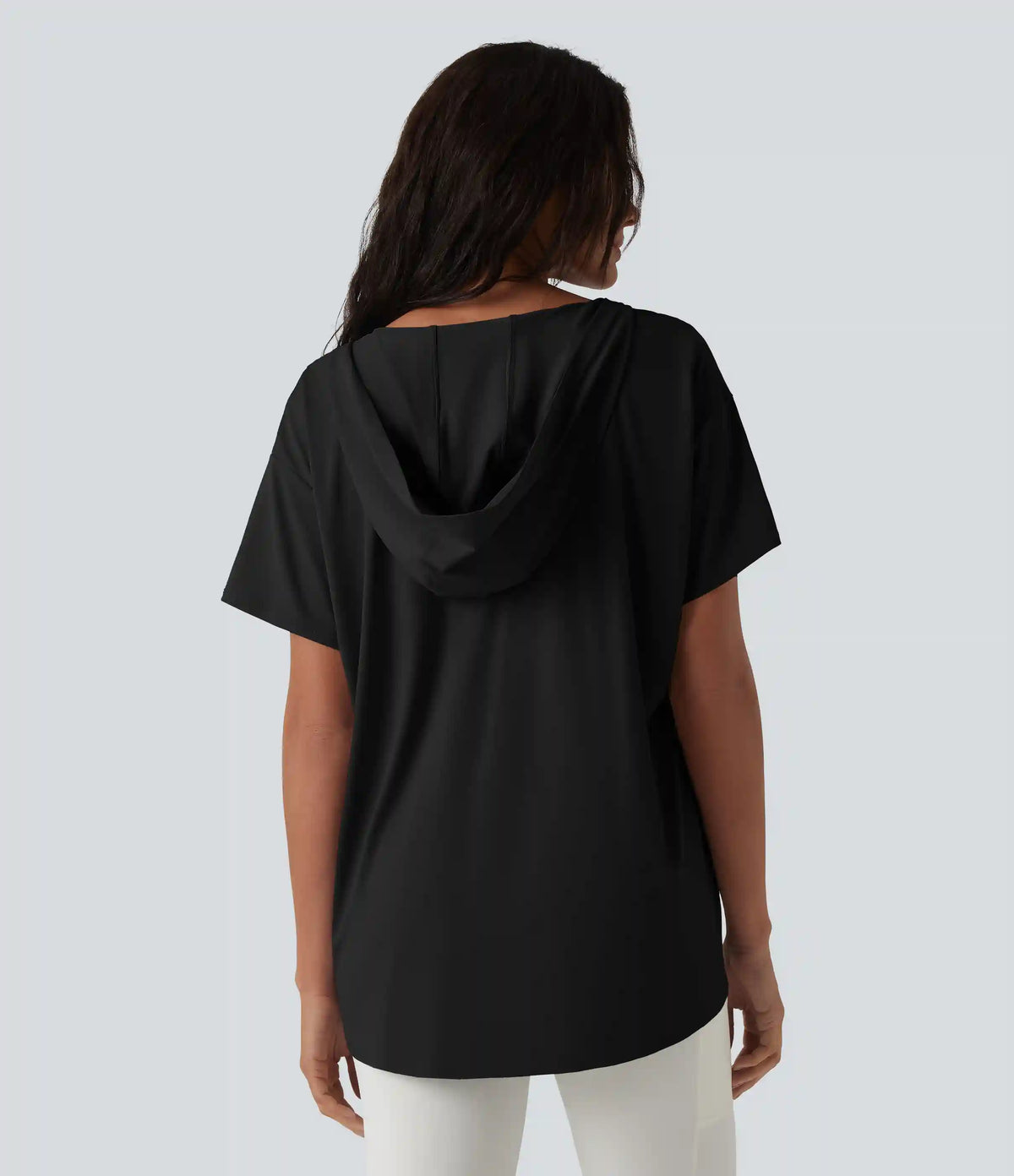 Hooded Cowl Neck Short Sleeve Yoga Sports Top with Pockets