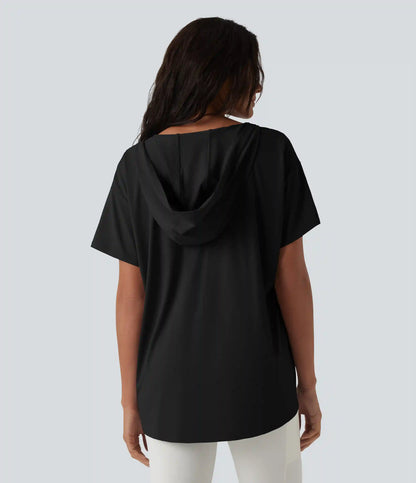Hooded Cowl Neck Short Sleeve Yoga Sports Top with Pockets