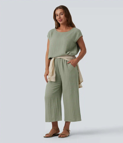 Round Neck Batwing Sleeve Casual Linen-Feel Top