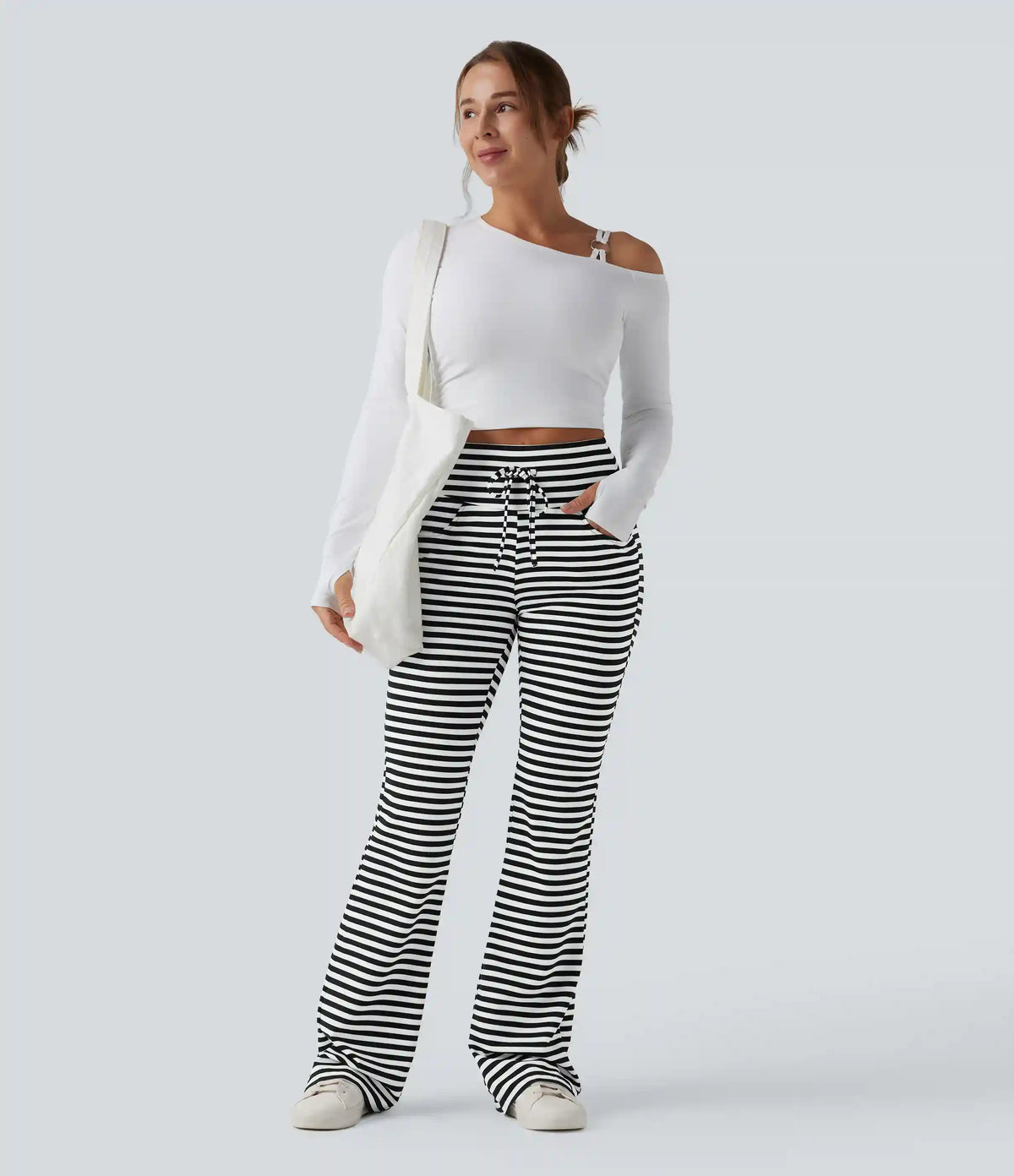 High Waisted Drawstring Tummy Control Stripe Waffle Flare Casual Pants with Pockets