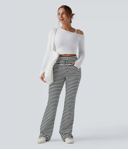 High Waisted Drawstring Tummy Control Stripe Waffle Flare Casual Pants with Pockets