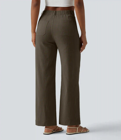 High Waisted Straight Leg Casual Linen-Feel Pants with Pockets