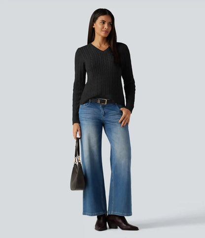 Cable Knit V Neck Long Sleeve Work Sweater