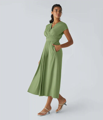 Breezeful™ V Neck Short Sleeve Pocket Tie Back Quick Dry Midi Casual Dress-Longer Length