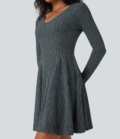 Ribbed Knit V Neck Long Sleeve Flare Mini Casual Dress