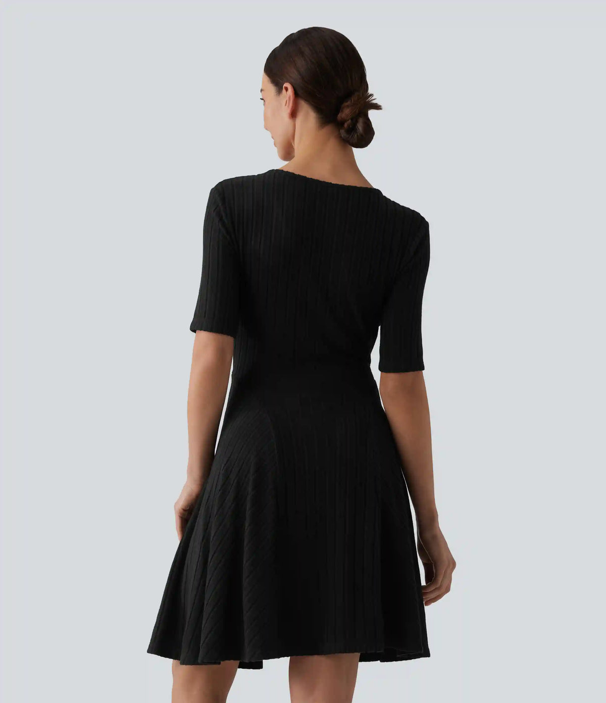 Ribbed Knit V Neck Short Sleeve Flare Mini Casual Dress