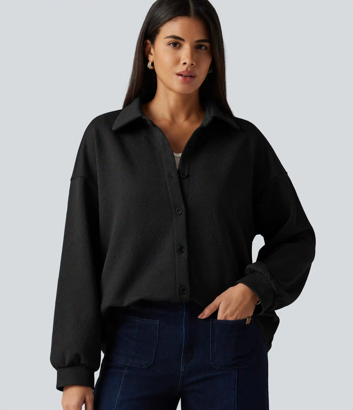 Collared Long Sleeve Geometric Print Casual Jacket