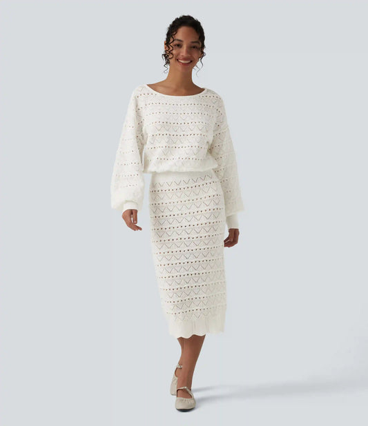 Boat Neck Long Sleeve Midi Casual Sweater Dress