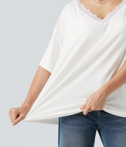 V Neck Contrast Mesh Short Sleeve Casual T-Shirt
