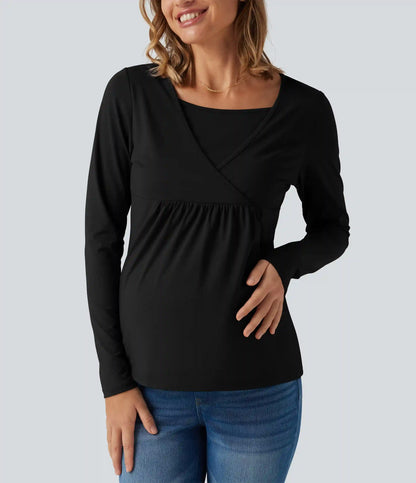 Boat Neck Long Sleeve Crossover Casual Maternity Top