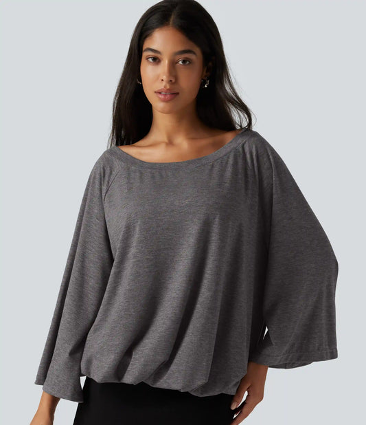Boat Neck Ruched Batwing Long Sleeve Top