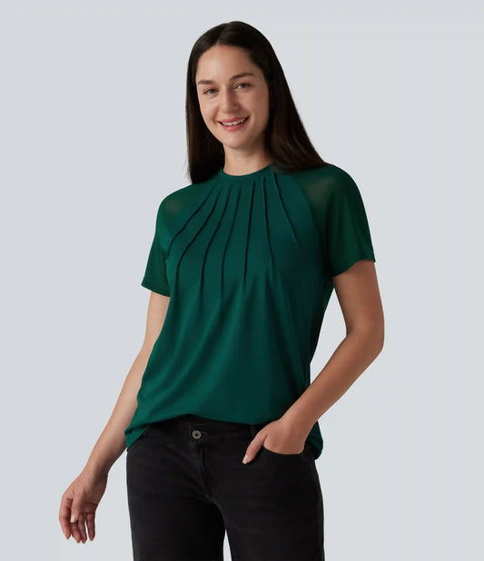Round Neck Raglan Short Sleeve Contrast Mesh Casual Blouse