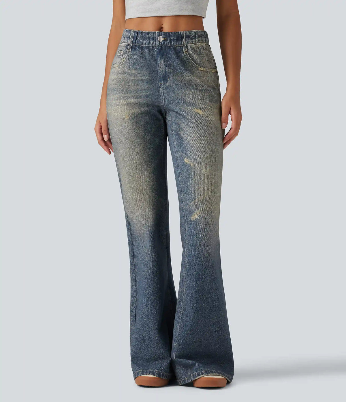 Mid Rise Denim Print Casual Flare Jeans with Pockets