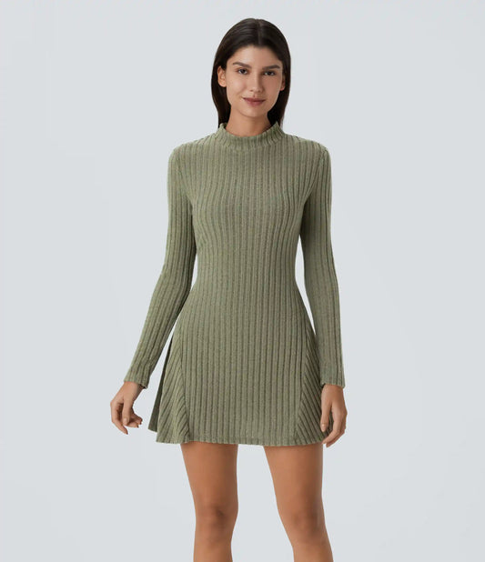 Ribbed Knit Stand Collar Long Sleeve Mini Casual Dress