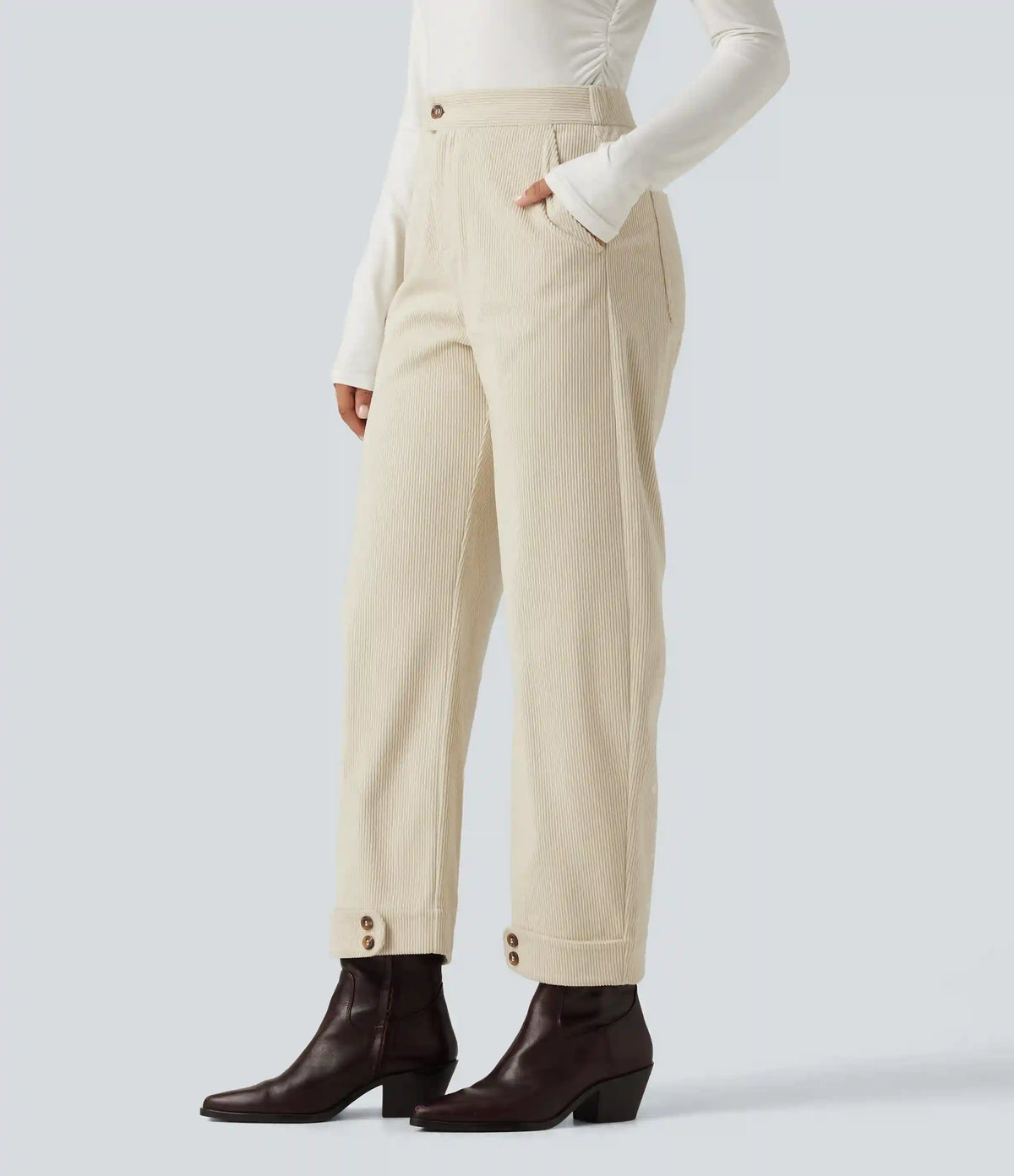 High Waisted Barrel Leg Corduroy Casual Pants with Pockets