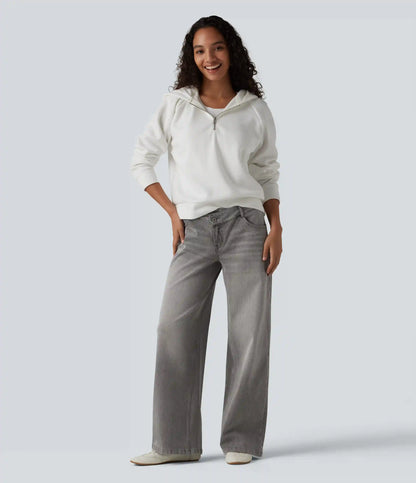 Halara Flex™ Asymmetric Low Rise Zipper Pockets Baggy Wide Leg Washed Casual Jeans