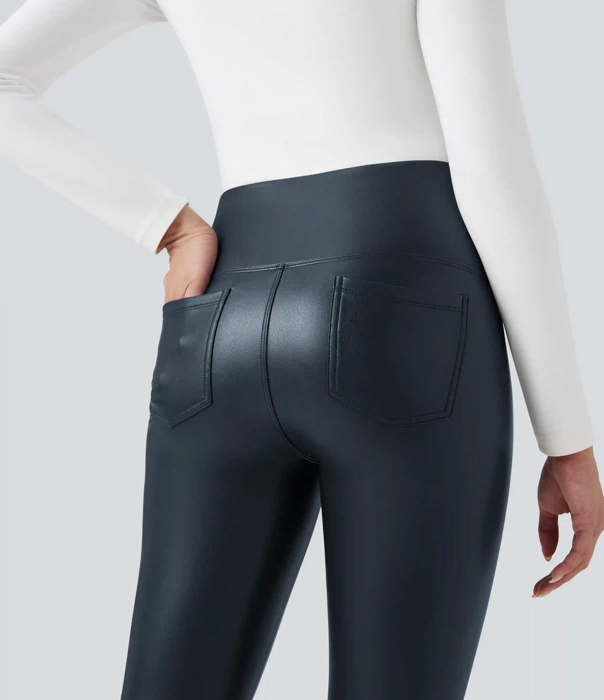 High Waisted Tummy Control Stretchy PU Fleece 7/8 Skinny Casual Leggings with Pockets