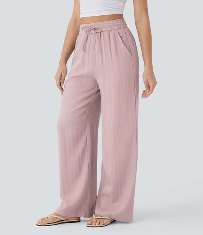 High Waisted Drawstring Pocket Wide Leg Baggy Casual Linen-Feel Pants