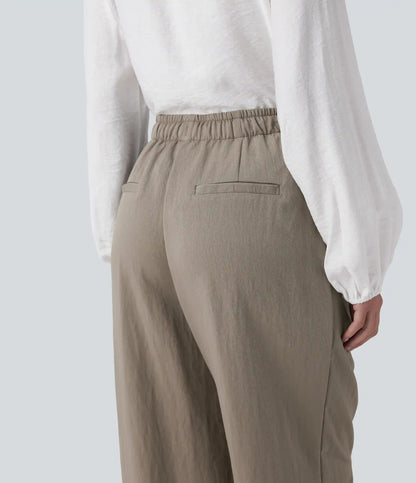 High Waisted Drawstring Straight Leg Work Pants with Pockets