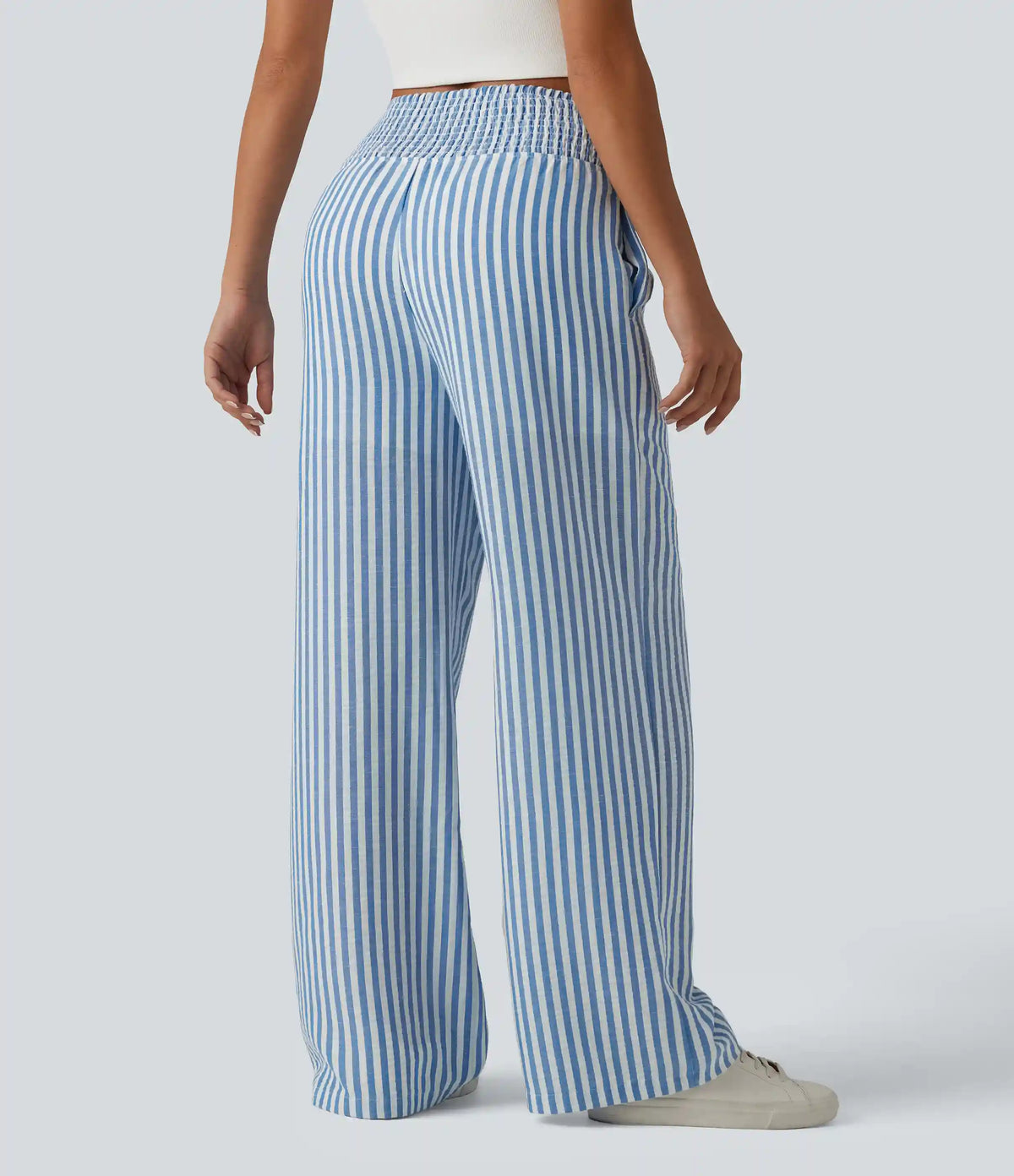 High Waisted Shirred 2-in-1 Straight Leg Stripe Casual Linen-Feel Pants with Pockets