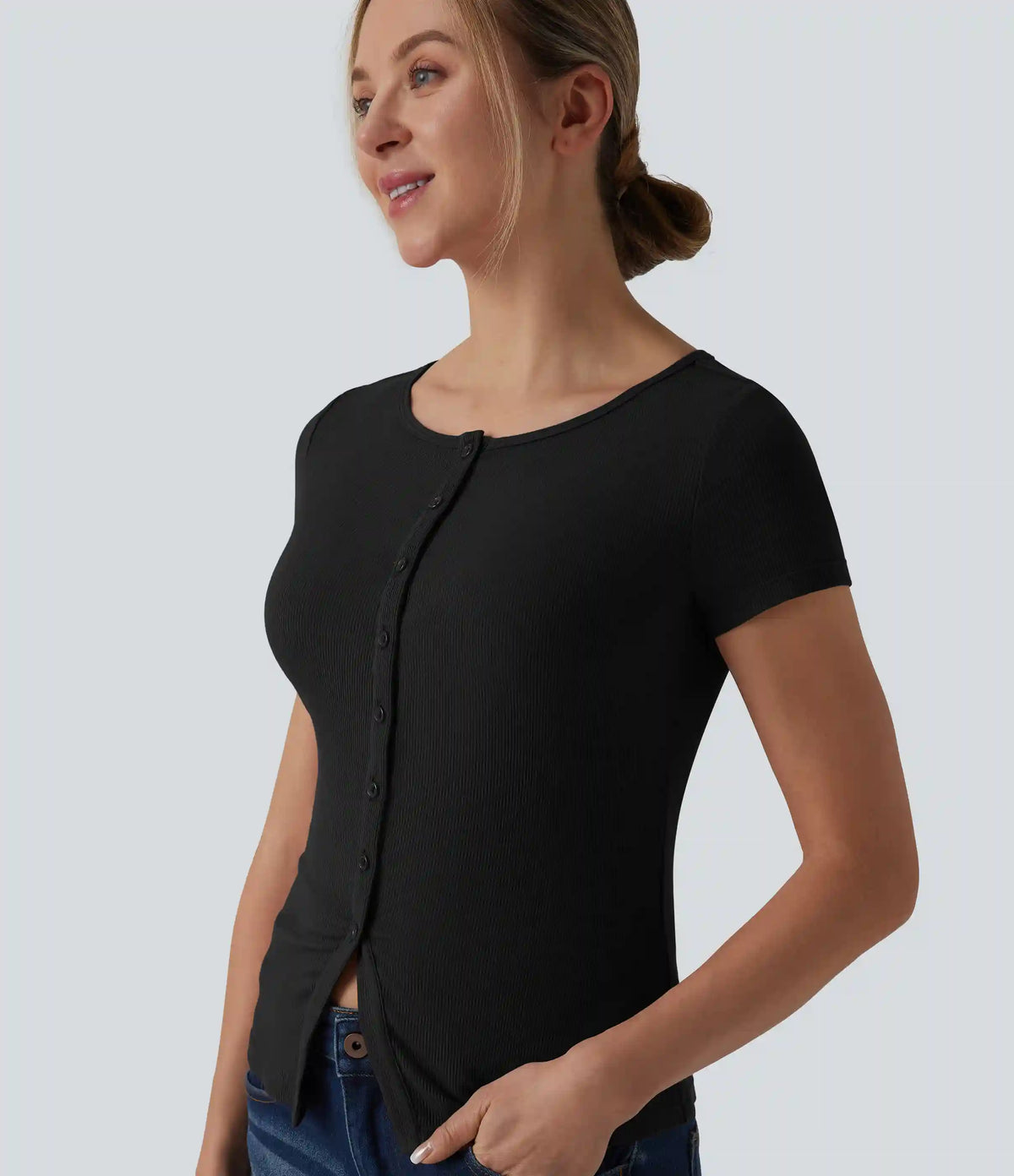 Ribbed Knit Boat Neck Short Sleeve Casual Top