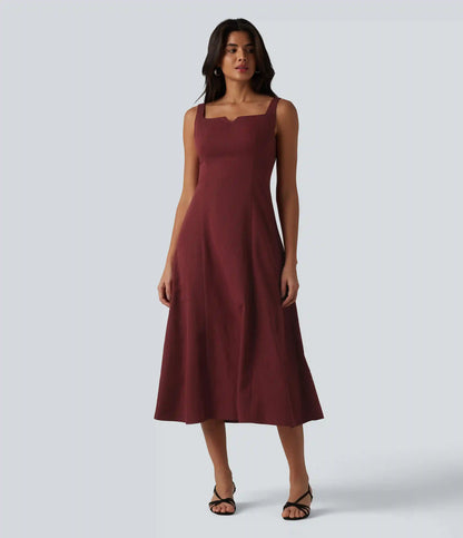 Square Neck Notched Shirred Midi Flowy Bridesmaid And Wedding Guest Dress