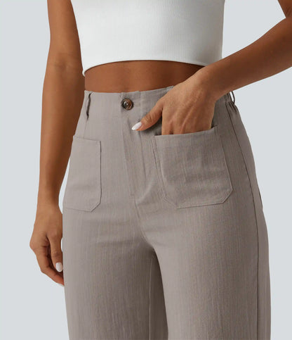 High Waisted Straight Leg Casual Linen-Feel Pants with Pockets
