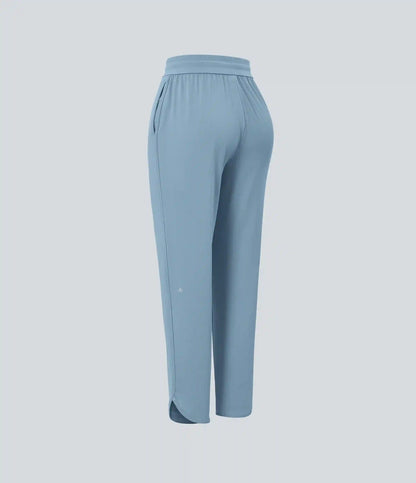 Mid Rise Drawstring Curved Hem Quick Dry Golf Tapered Pants with Pockets-UPF40+