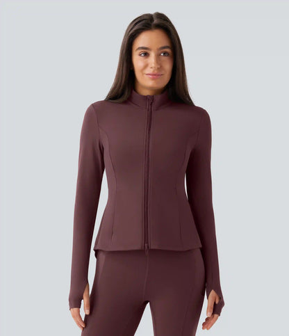 SoftlyZero™ Stand Collar Thumb Hole Pockets Pleated Zipper Slim Jacket