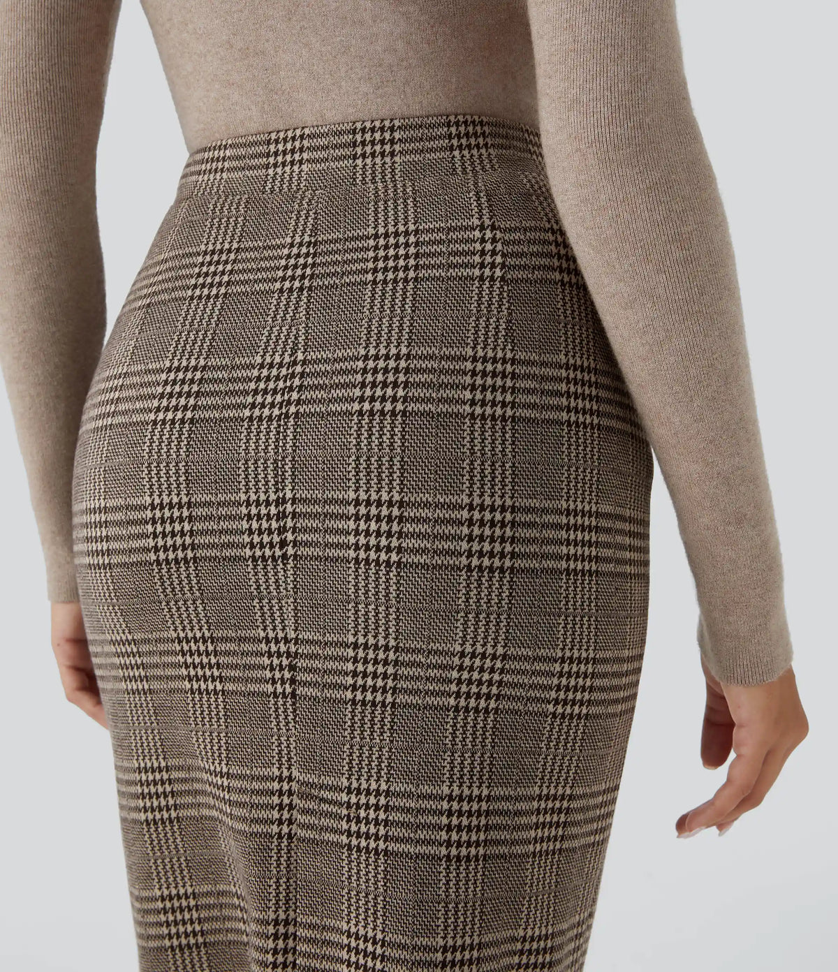 High Waisted Hem Houndstooth Plaid Work Pencil Skirt