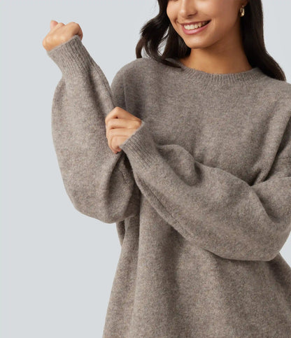Round Neck Dropped Long Sleeve Work Wool-Blend Sweater
