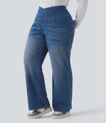 Halara Flex™ Crossover High Waisted Tummy Control Casual Straight Leg Plus Size Jeans with Pockets