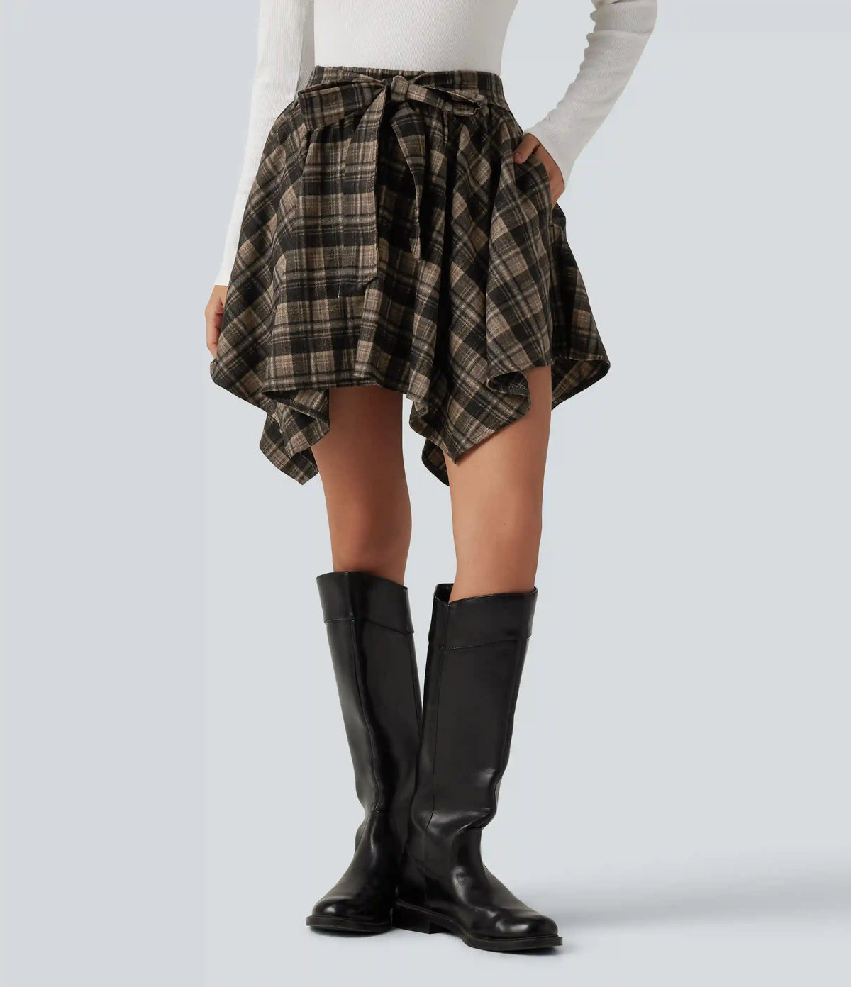 High Waisted Tie Front 2-in-1 Plaid Mini Casual Skirt with Pockets