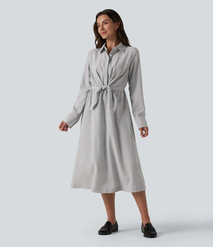 Collar Long Sleeve Tie-front Stripes Midi Work Shirt Dress