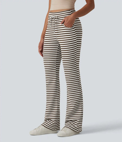 High Waisted Drawstring Tummy Control Stripe Waffle Flare Casual Pants with Pockets