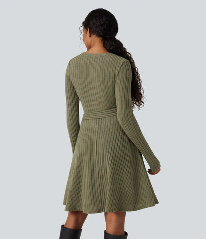 Ribbed Knit Round Neck Long Sleeve Belted Casual Dress with Pockets