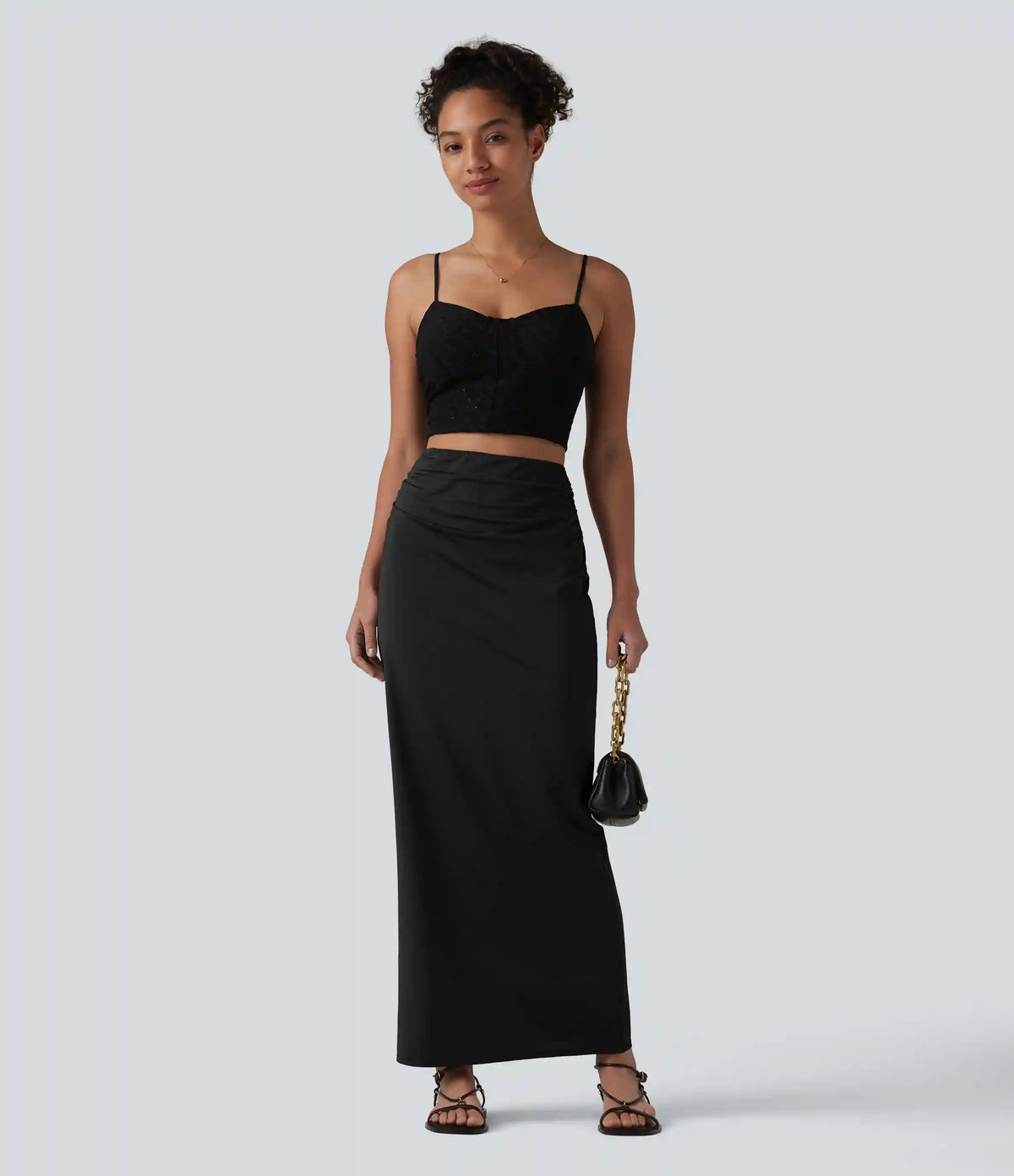 High Waisted Ruched Stretchy Satin-Like InstantCool Maxi Casual Pencil Skirt