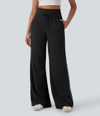Ribbed High Waisted Tummy Control Drawstring Side Stripe Baggy Casual Pants with Pockets
