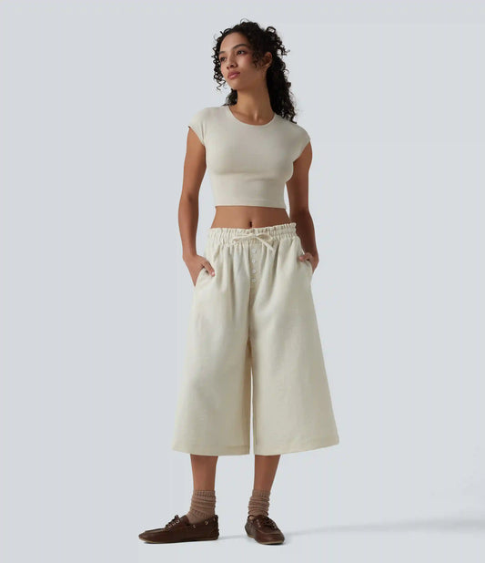 Mid Rise Drawstring Frill Trim Linen-Feel Casual Capri Baggy Pants with Pockets