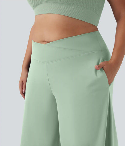 SoftlyZero™ Airy Crossover High Waisted Wide Leg InstantCool Yoga Pedal Pusher Plus Size Pants with Pockets